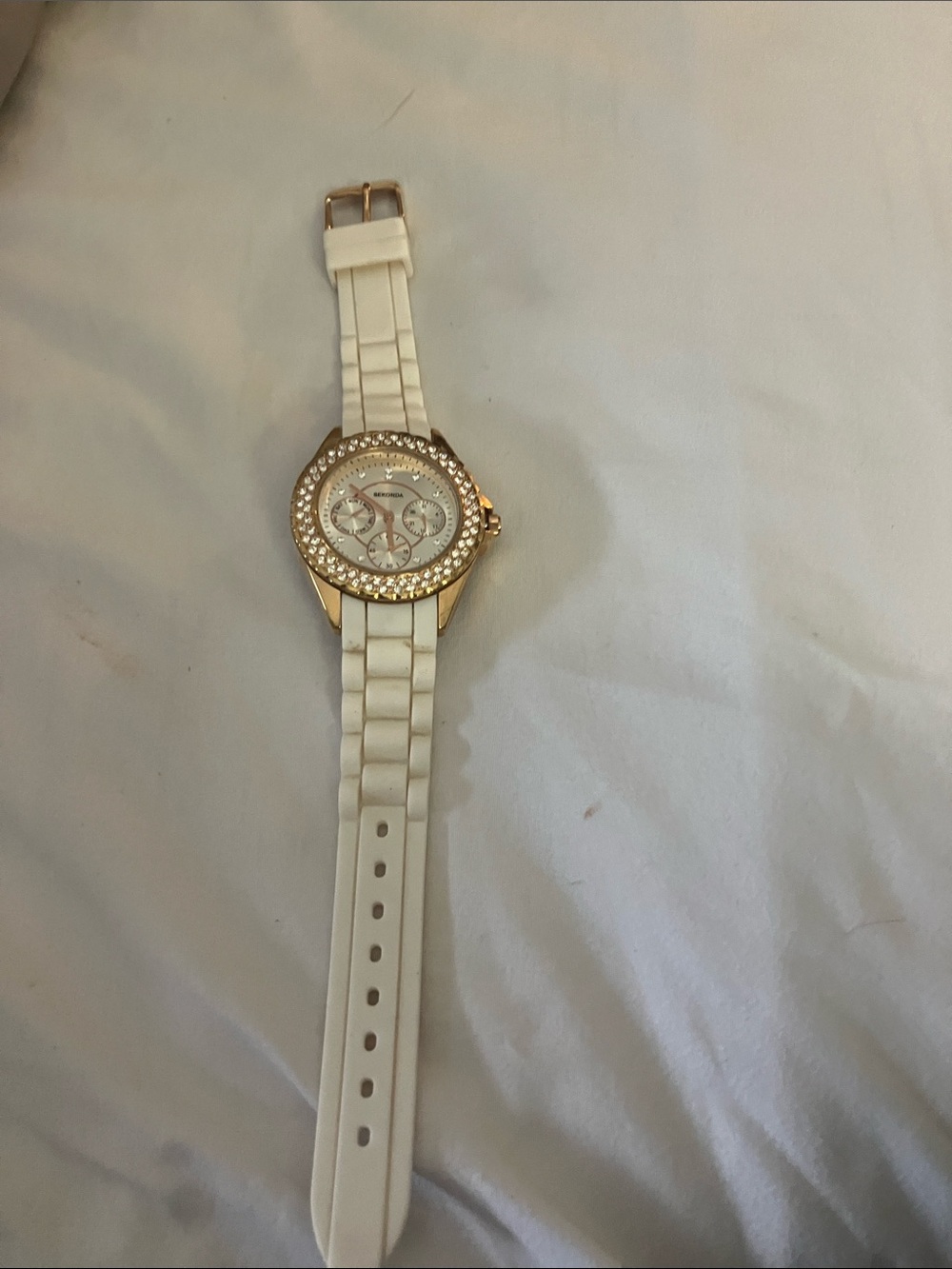 White Crystal-Trim Fashion Watch with Gold Case